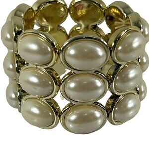 Gold Tone Faux Pearl Plastic Stretch 3 Tier Bracelet Fashion Costume Jewelry